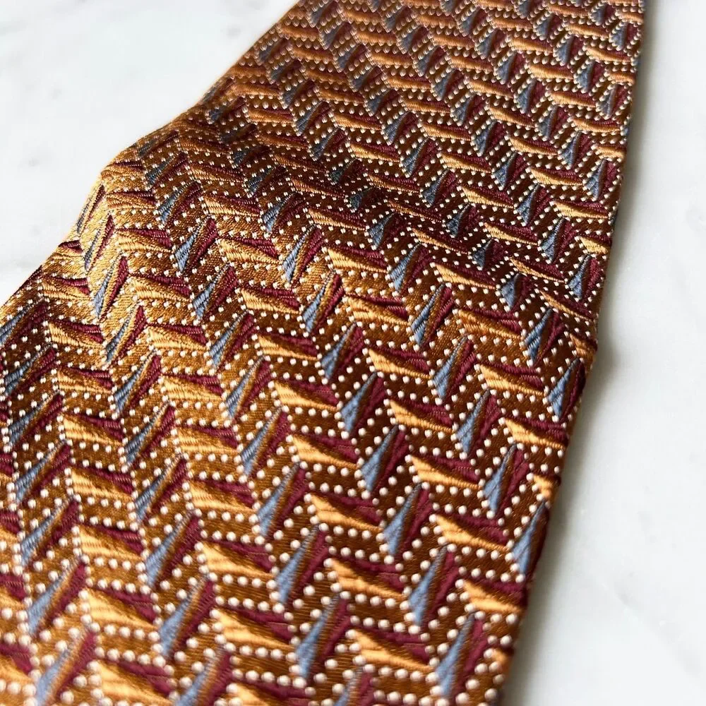 Ike Behar New York Neck Tie Silk Hand Tailored Geometric Dark Gold Red Blue